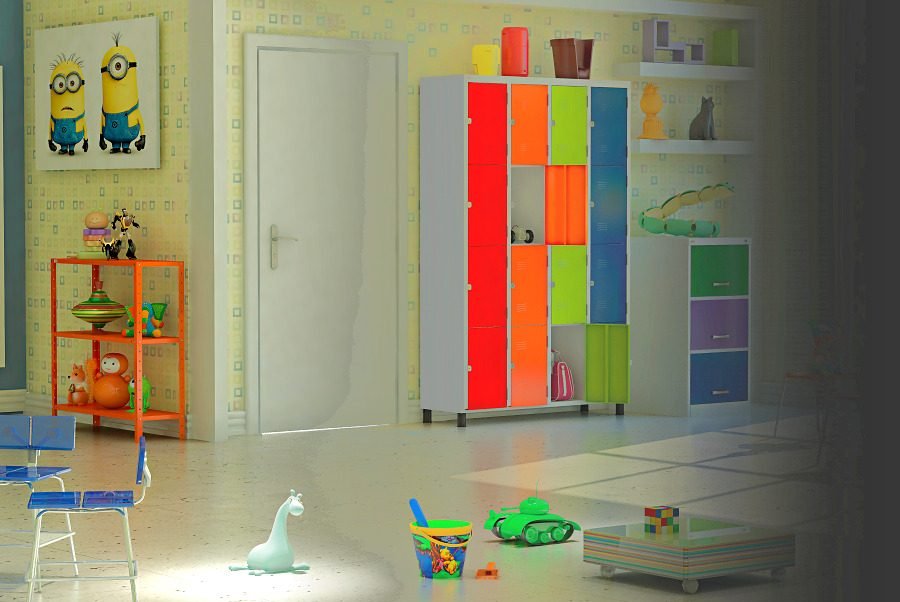 Ambiente infantil com roupeiros coloridos